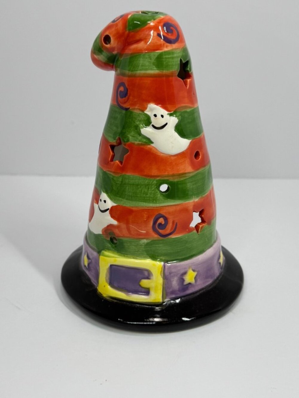 Halloween Ceramic Witch Hat Tea Light Holder With Ghost & Star Cutouts - 9 Inche
